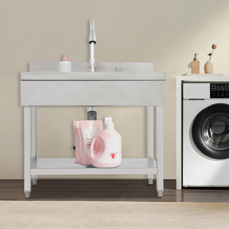Freestanding Kitchen Sink Stainless Steel Utility Sink Laundry&Utility Room Sink Rectangular Single Bowl Sink With Pull-Out Faucet LIU767