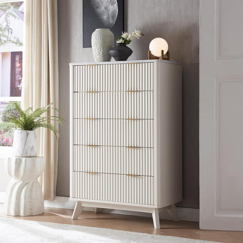 siyuan fluted design 5-drawers dresser organizer, wood tall chest of drawers