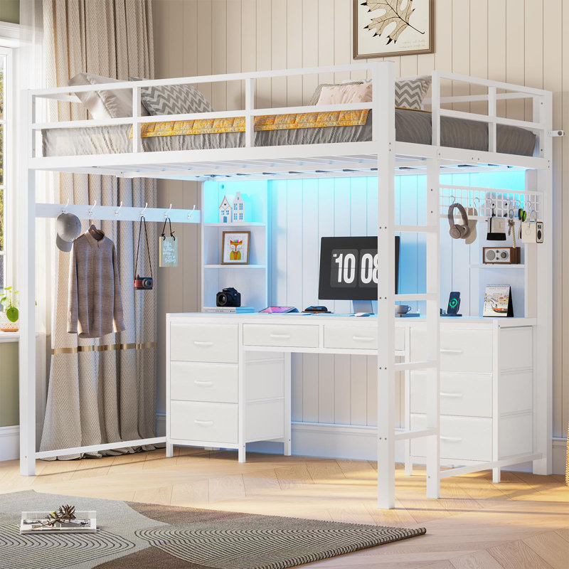 loft bed with desk and charging station, metal loft bed with 8 drawers storage and led lights, 4 open storage shelves,