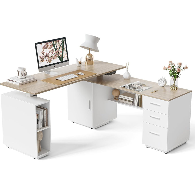 63" L Shaped Office Executive Standing Desk with File Cabinet