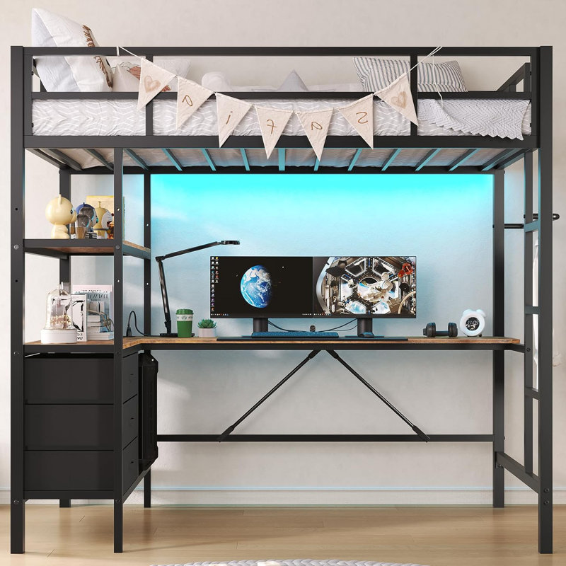 Twin Metal Loft Bed With L-shaped Desk, Led Lights,charging Station Led Loft Bed Frame Twin Size With 3 Storage Shelves And 3 Fabric Drawers, Safety Guard & Ladder, No Box Spring Needed