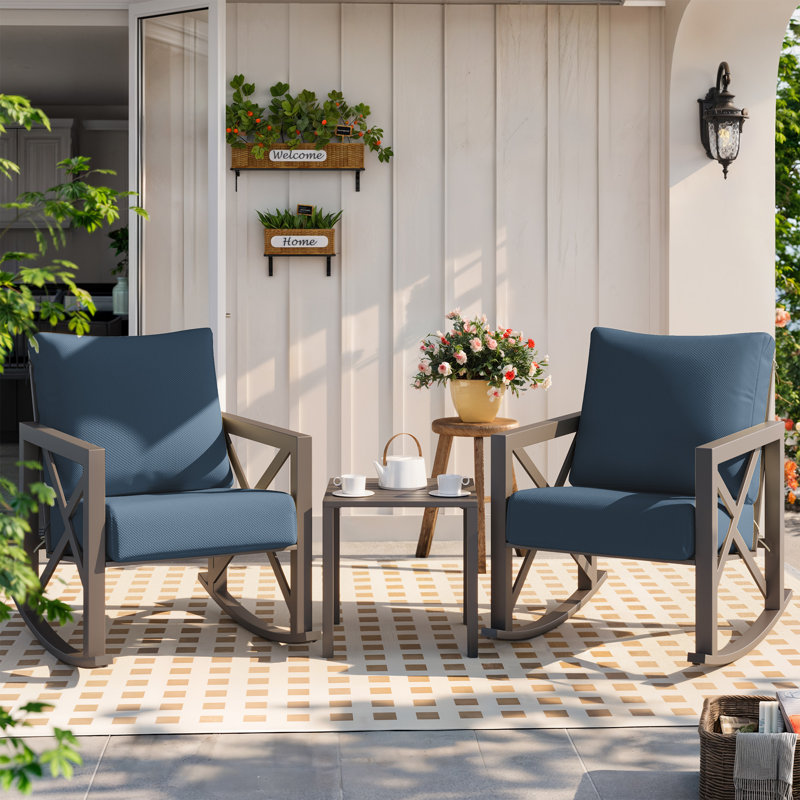 2-person outdoor rocking chair set with table and cushions