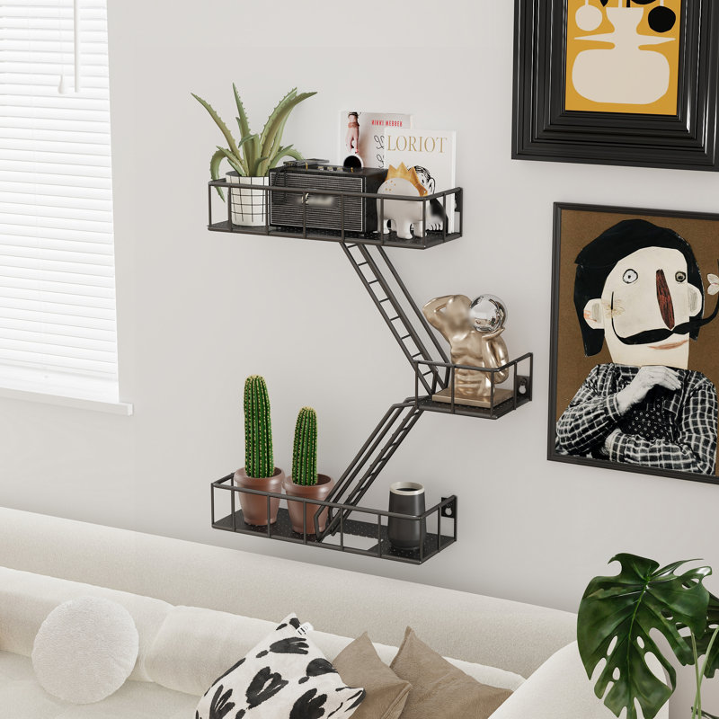 Fire Escape Wall Shelf With Baskets, 3-tier Metal Fire Escape Ladder Shelf Wall Organizer, New York Inspired Decorative Shelf, Floating Action Figurine Display Shelves For Bedroom, Home Décor