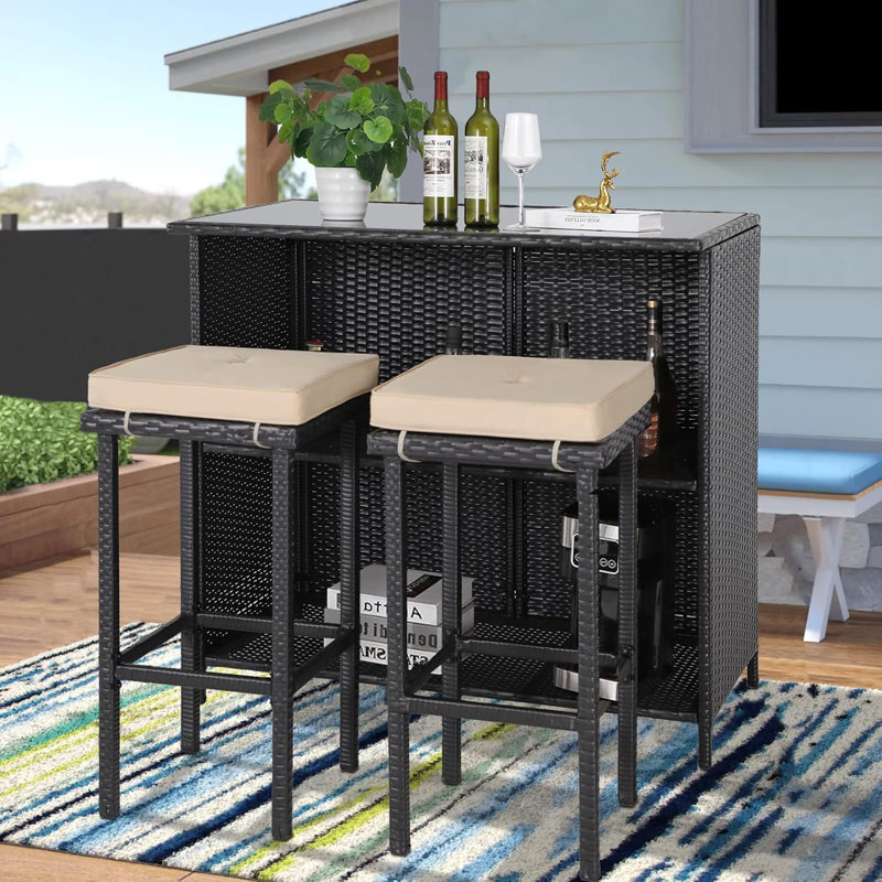 3-Piece Outdoor Patio Bar Set with Two Stools and Glass Top Table, Patio Wicker Furniture with Removable Cushions 