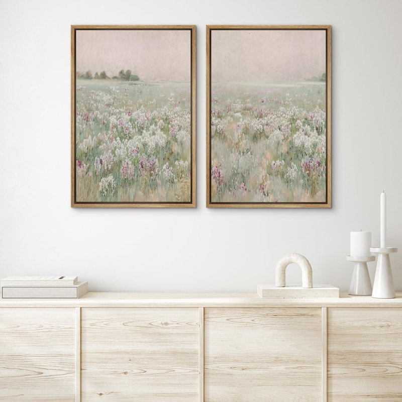" Serene Meadow Field Pastel Floral Landscape In Hazy Dawn Light Modern Art Wall Decor Artwork " 2 - Pieces