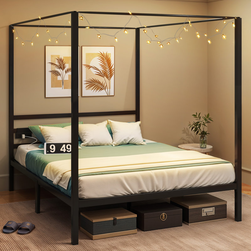 Incomplete Canopy Bed with Light and Built In Outlet