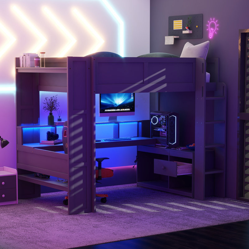 (incomplete box 1 of 2 )wood gaming loft bed with desk, multi-storage shelves, led and charging station, dark gray
