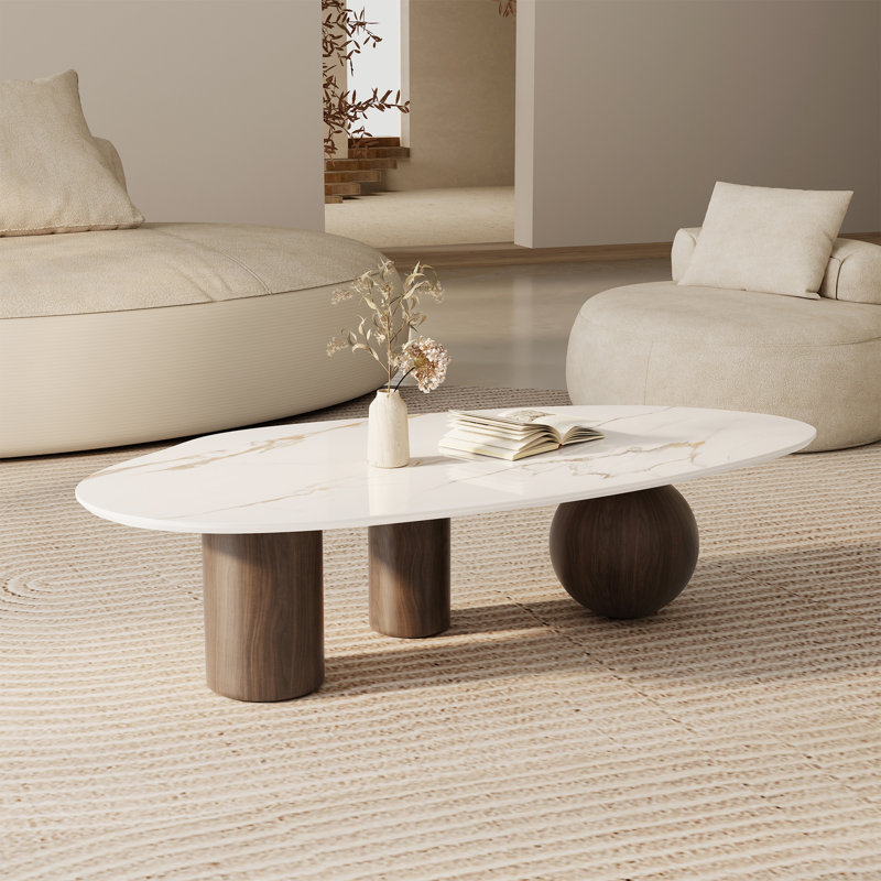 Laylla Modern 54" Coffee Table, White Sintered Stone Table-top, 3 Stainless Steel legs, Free form