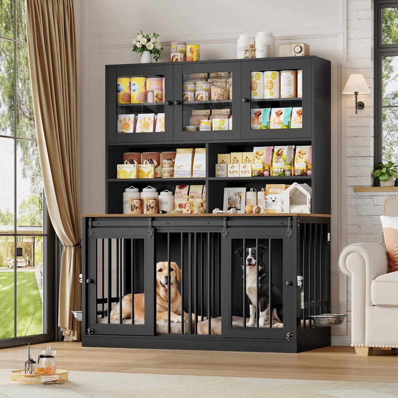 Large Metal Dog Crate Furniture, Suitable For 2 Dogs (Large, Medium and Small Dogs) , with Removable Divider, Storage Cabinet