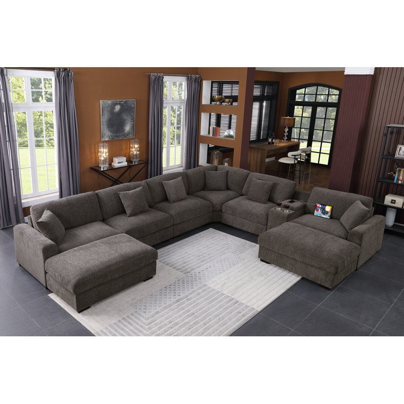 Modern 8 Seats Upholstered Cloud Corner Sectional Sofa With Console& Two Ottomans