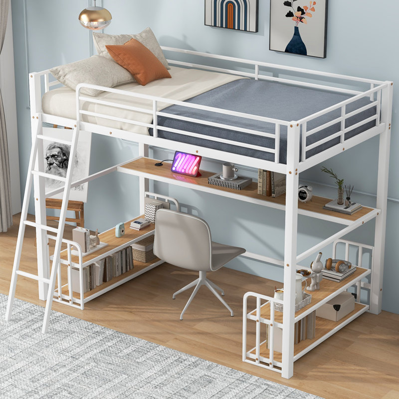 Metal Loft Bed With Built-In-Desk And Charging Station