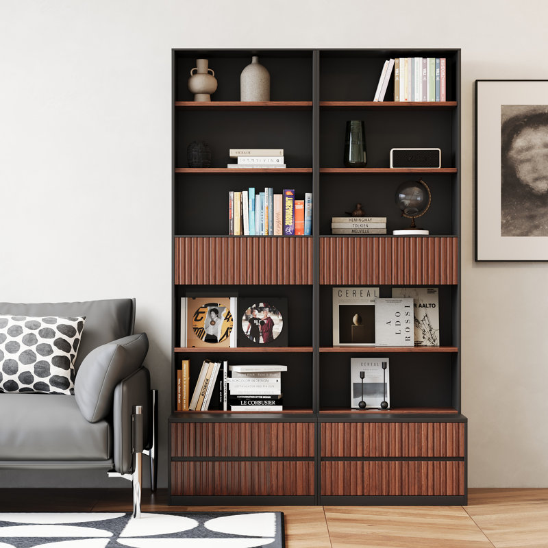 Set of 2 - 85.8'' Tall Bookcase 6 Tiers With Movable Footstool And Storage Drawers (Set of 2) (incomplete) (as is)