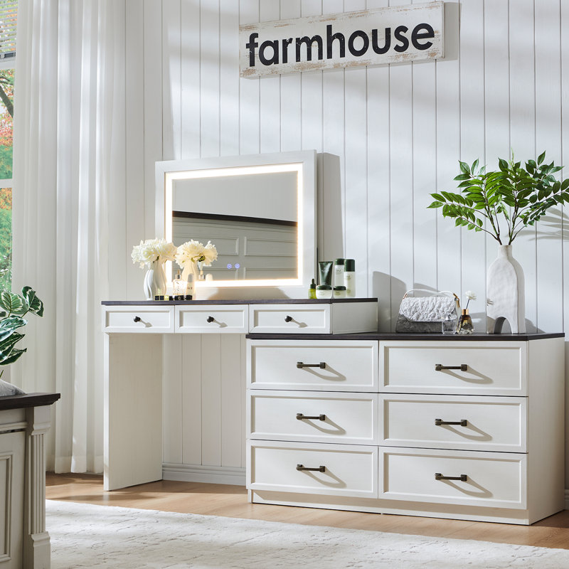 69" w large vanity desk with 30" lighted mirror & 9 drawers, farmhouse corner makeup table with glass top