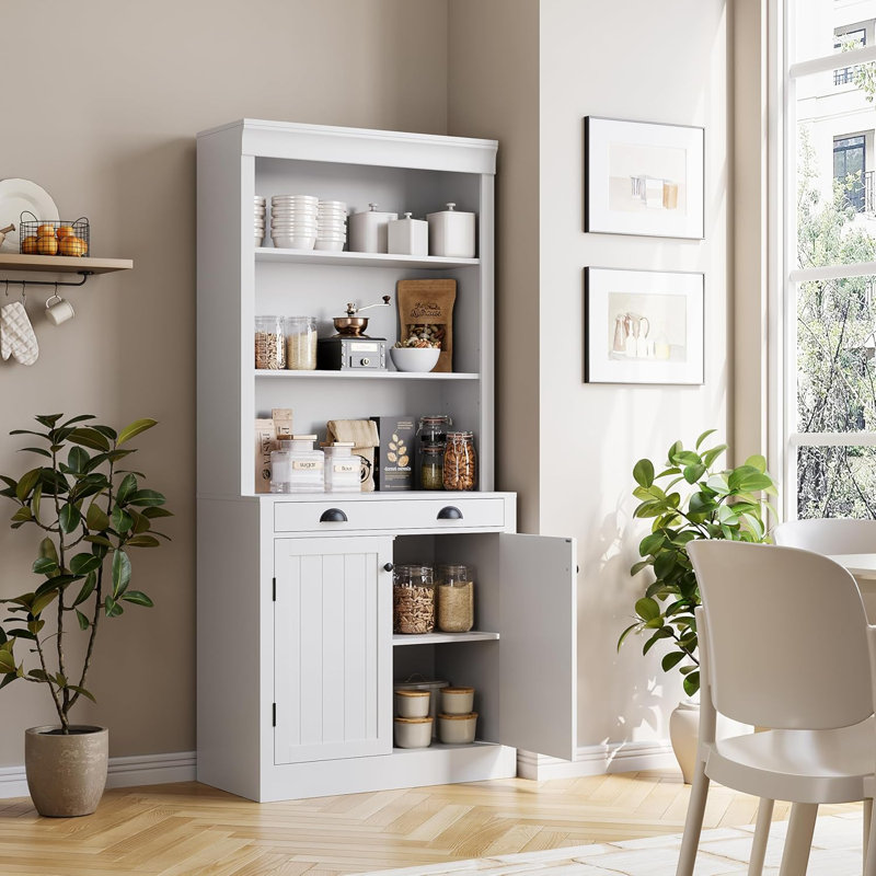 5 Tier Bookshelf with Adjustable Shelves, 70-Inch Tall Bookcase with Drawer & Cabinet, Modern Pantry Sideboard for Living Room, Study, or Office
