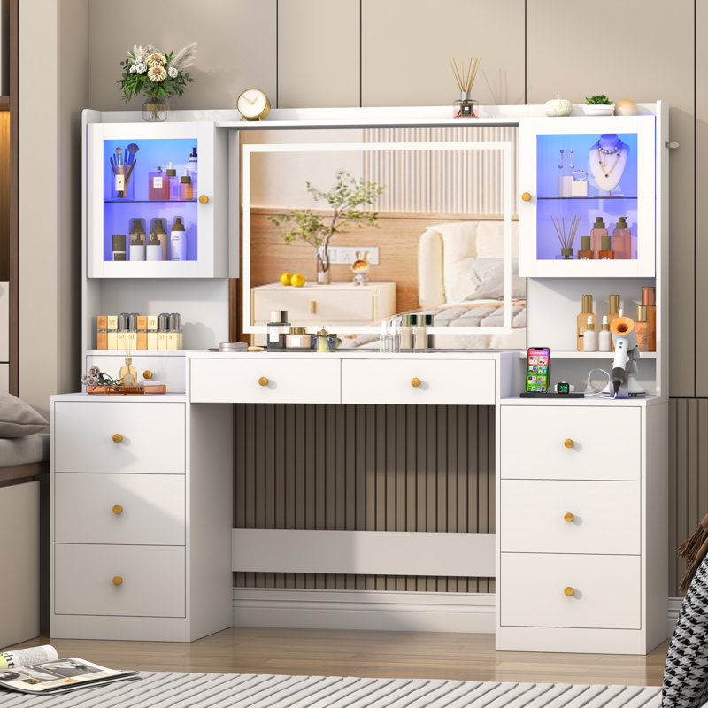 62" Vanity Desk With Lighted Mirror, Tempered Glass Top, Power Outlet, 9 Drawers, And 2 RGB Lighted Cabinet