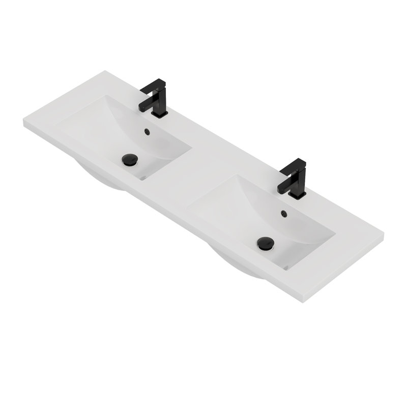60" Double Sink Vanity Top Undermount Bathroom Sink with 2 Single-Hole Faucets, Overflow, Pop up Drain