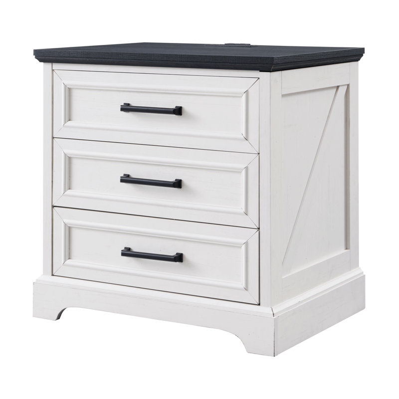 brexleigh 3-drawer nightstand with usb and electrical outlets, 24 inch wide end table & bar handles