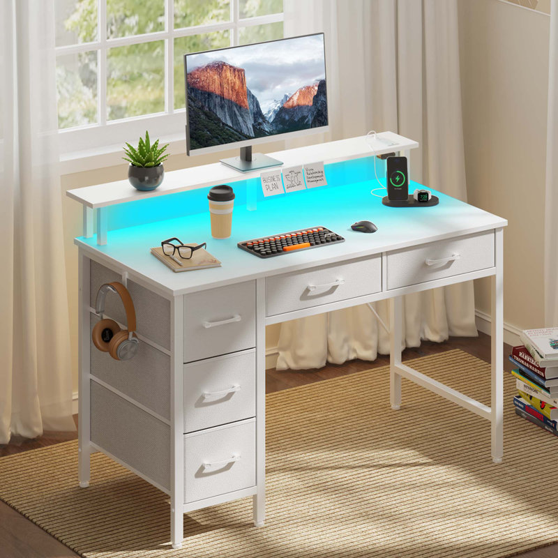 computer desk with monitor stand & charging station, gaming desk with led lights & drawers
