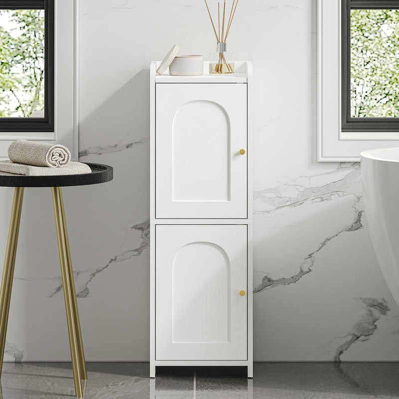 Bathroom Storage Cabinet, Corner Floor Cabinet with 2 Doors and Adjustable Shelf, Narrow Toilet Paper Cabinet, Bathroom Organizer for Small Spaces, White