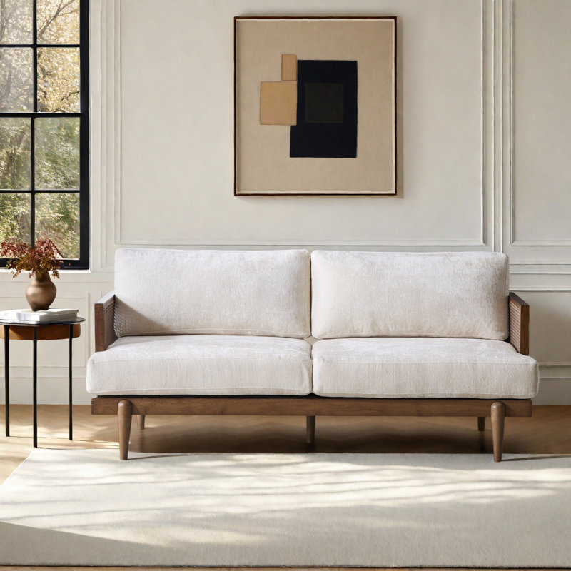 Dayton 72" Square Arm 3-Seater Sofa With Cane Rattan And Wooden Frame
