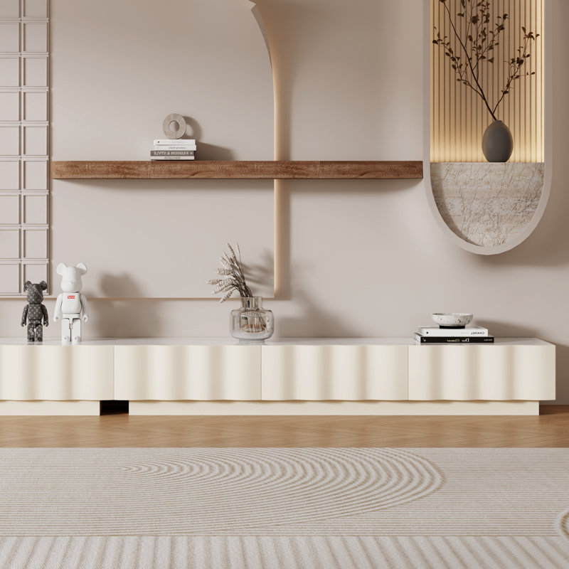 SIMILAR TO STOCK PHOTO 94.5\" Modern Cream TV Stands with 4 Drawers, White Media Console with Glossy Sintered Stone Tabletop
