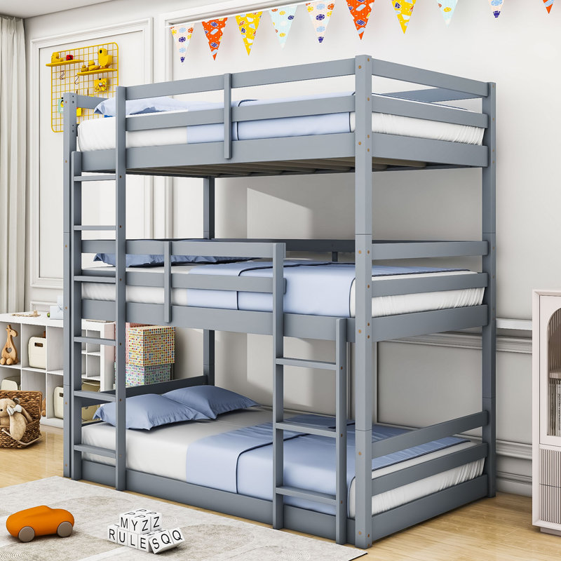 Wood Triple Bunk Bed With Two Built-In Ladders And Guardrails