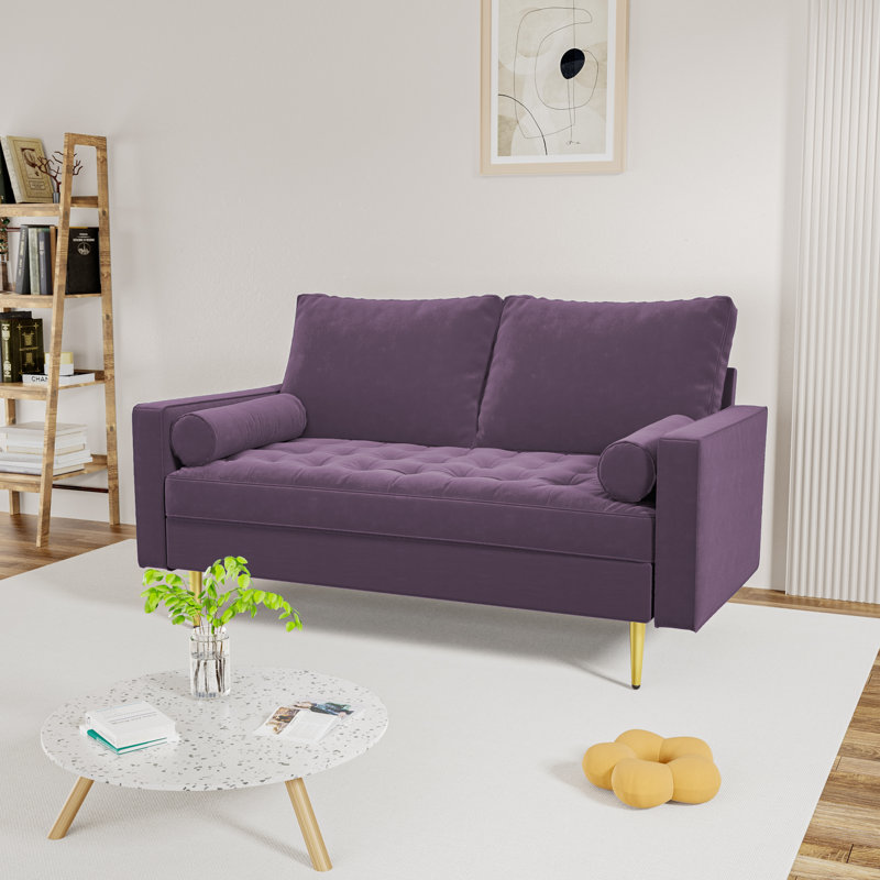Bellinger 58" Velvet Square Arms Tufted Seat Golden Metal Feet Loveseat