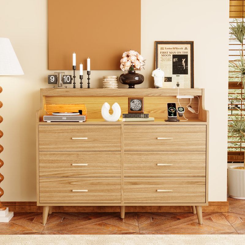 47.24”W-6 Drawers Dresser, S-Frame Storage Chest With 2 Shelves & 6 Drawers, Dresser With LED Light Strip & Outlets For Bedroom, Living Room & Porch