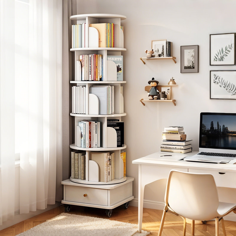6 Tier Rotating Bookshelf, 360° Display Round Spinning Bookshelf with Wheels and Drawer, Space-Saving, Small Space Rotating Bookshelf Tower for Bedroom, Living Room, Home, Office