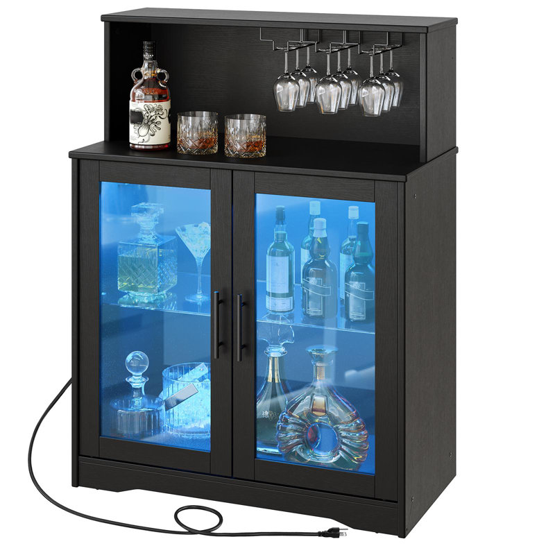 30.7" wine bar cabinet with led light coffee cabinet with wine & glass rack and power outlets