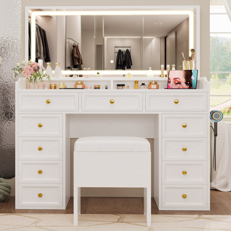 Vanity Desk with 11 Drawers and Large Led Lighted Mirror, 47" Large Makeup Vanity Table with A Power Outlet, Storage Stool, Vanity Set for Bedroom, White