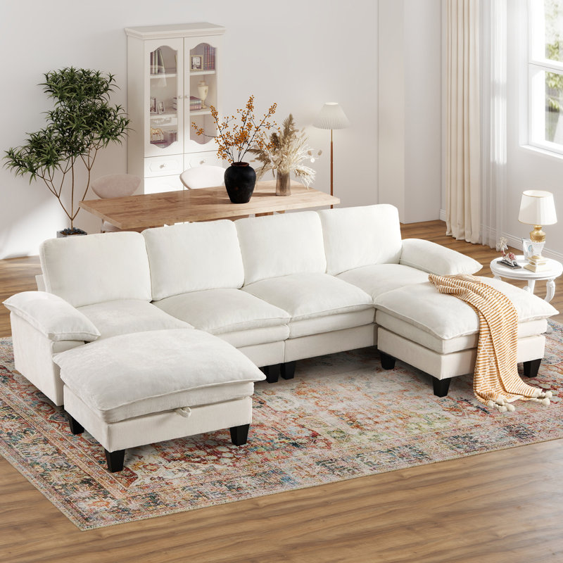Elanora 122"W Spacious Sectional Sofa With Dual-Layer Cushions & Ottomans