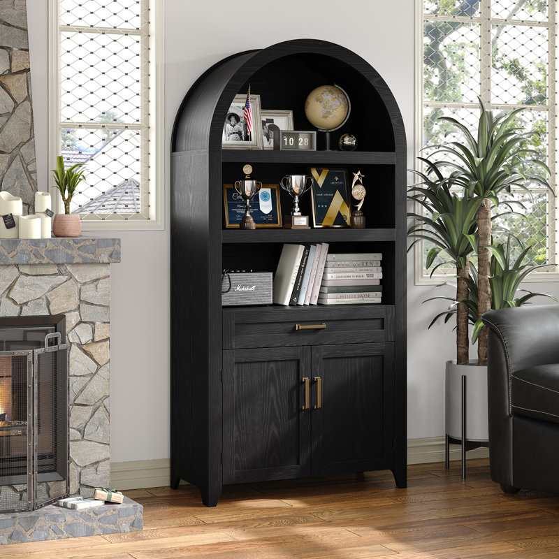 Incomplete 65\" Tall Arched Storage Bookcase with Adjustable Shelves,Arched Cabinet with Drawer
