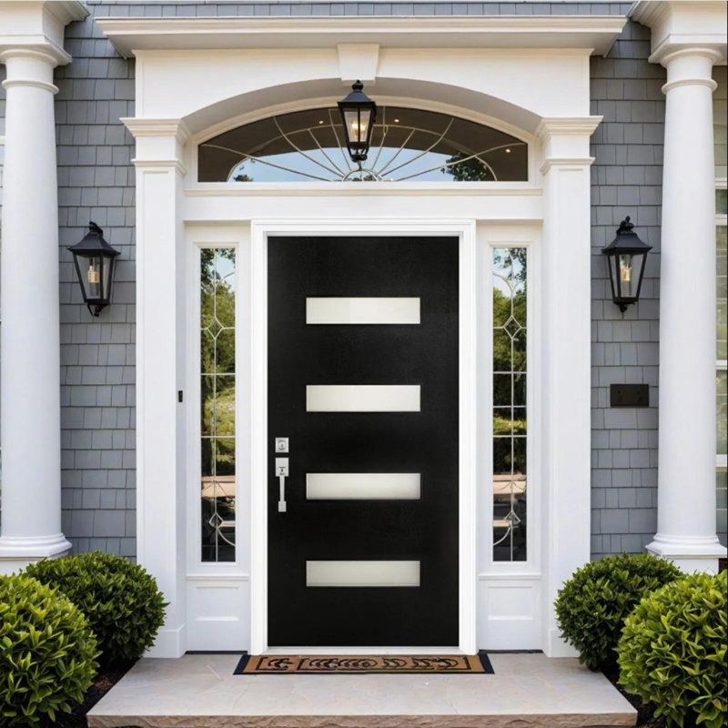 Modern Fiberglass Exterior Entry Front Door With 4 Lite Glass & Mahogany Texture