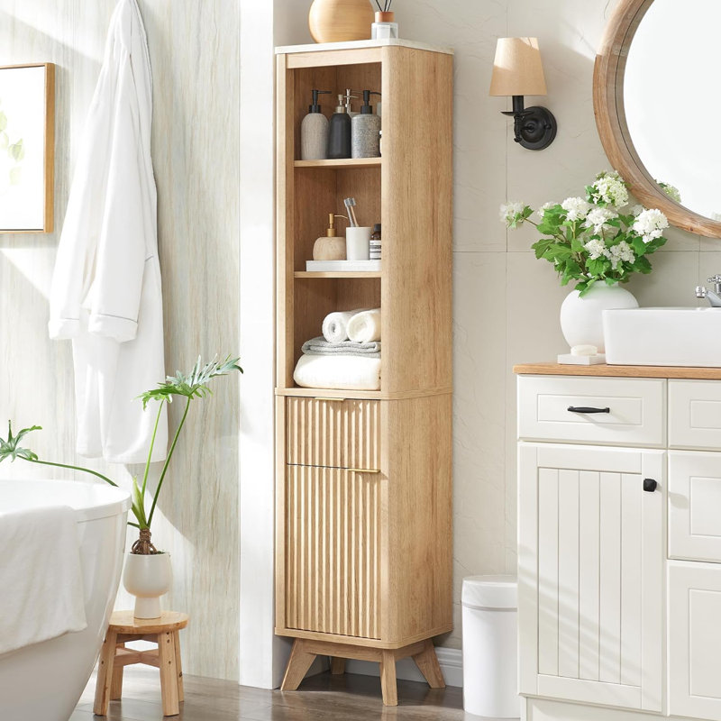 Naina Farmhouse Tall Corner Bathroom Cabinet, Free Standing Toilet Linen Cabinet