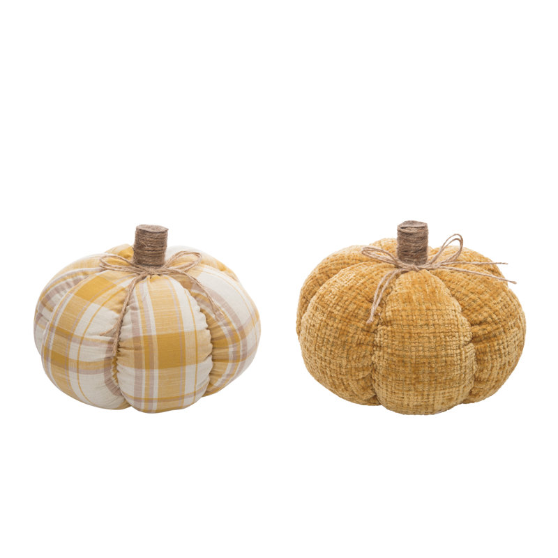 Polyester 8.25 in. Harvest Plush and Plaid Pumpkin Decor Set of 2