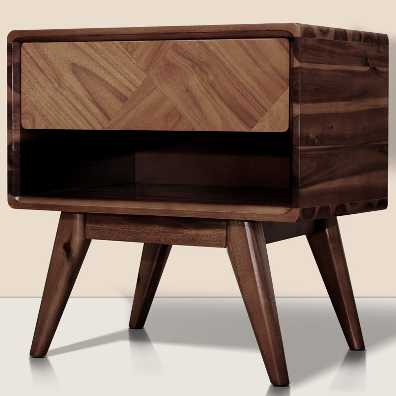 Laden Solid Acacia Wood Nightstand, Bedside Table With Drawer & Open Shelf, Mid-Century Art Deco End Table, Scratch & Water-Resistant