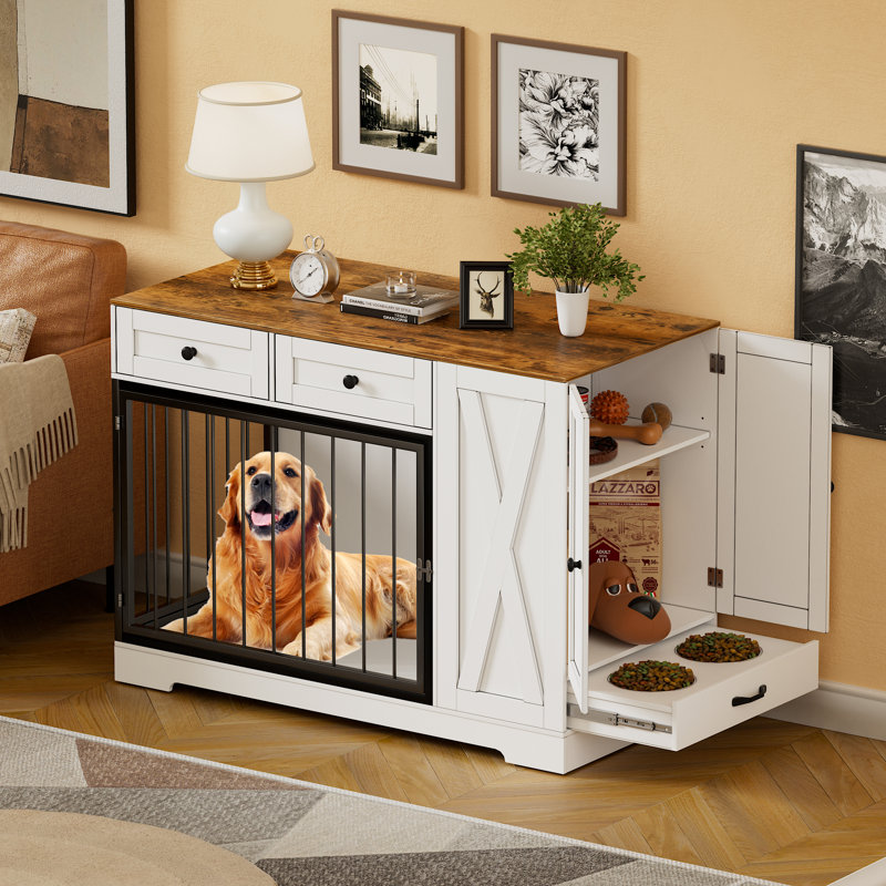 Gladine Dog Crate Furniture Kennel with Double Doors, Wooden Pet House with 2 Drawers and Pet Feeder Station Storage Cabinet