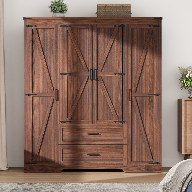 70.10" farmhouse 4 door armoire wardrobe with 2 drawers, hanging rod and 2 adjustable shelves for bedroom