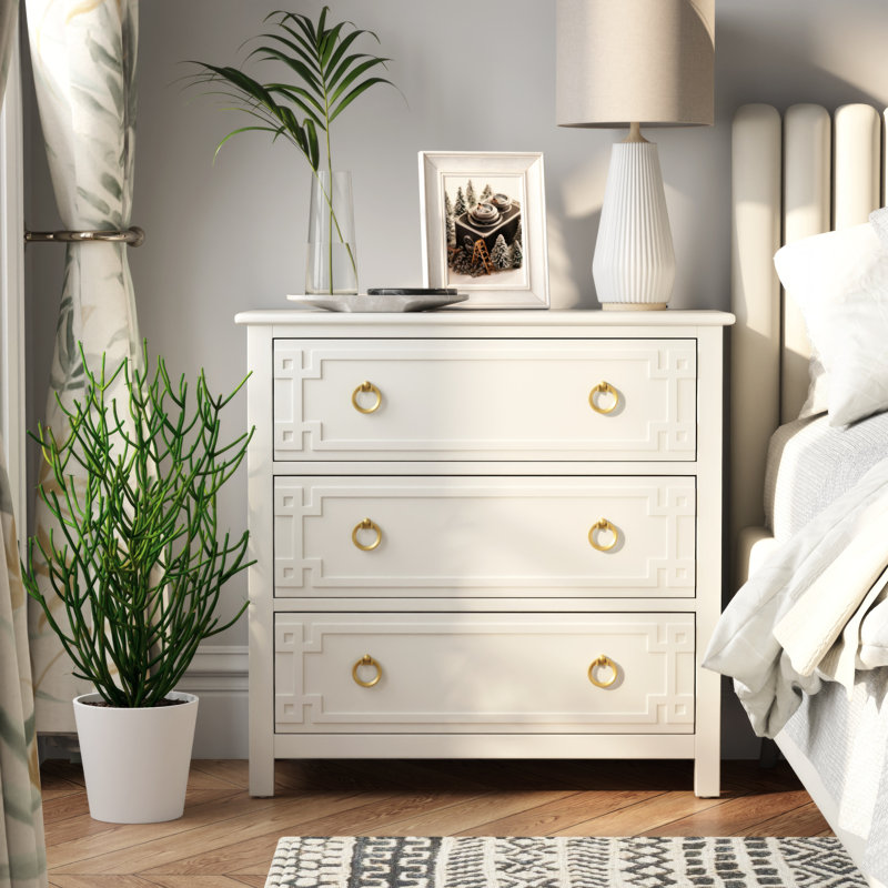 farmhouse white 3-drawer dresser, fully-assembled french country chest of drawers with embossed geometric lines