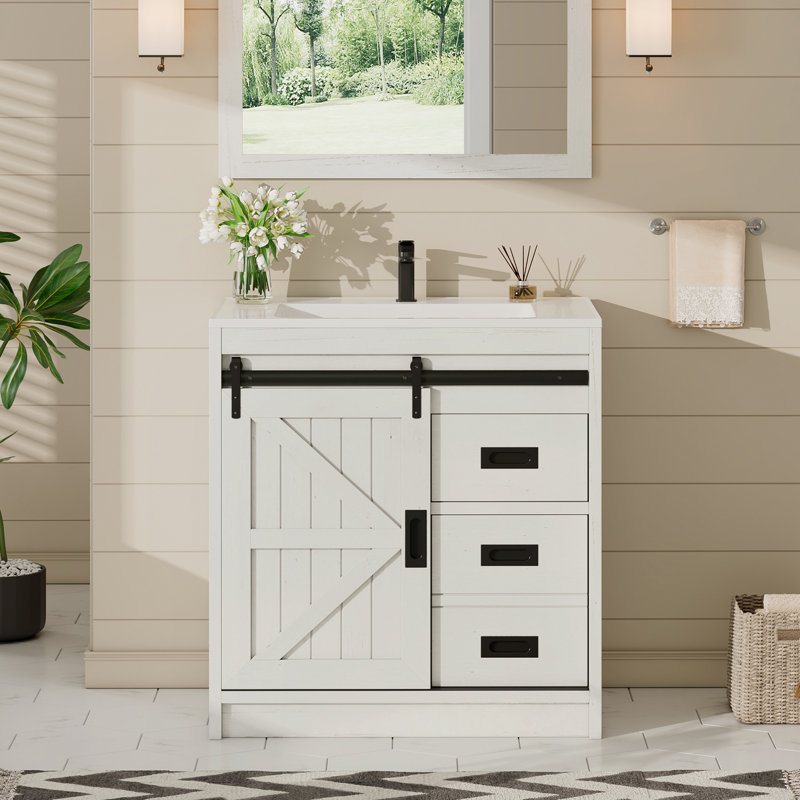 31" Sliding Barn Door Bathroom Vanity with Sink, Farmhouse Small Single Bathroom Vanity Set