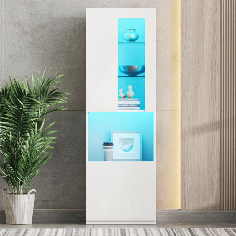 High Gloss Storage Cabinet With LED Lights, 67" Tall Pantry Cabinet With Acrylic Door, Modern Bookcase & Display Cabinet With Open Countertop And Tempered Glass Shelves For Living Room,