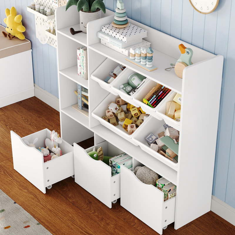 Condition photo showing As Is for bookcase with toys organizer, 3 removable drawers