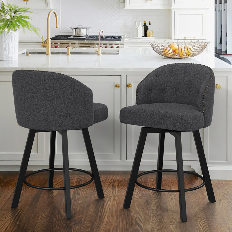 Elyana Counter Height Bar Stools Set Of 2, Swivel Bar Stool With Back, Linen Counter Stool, Metal Legs, Retro Upholstered Barstools For Kitchen Island, Home Bar, Pub (Set of 2)