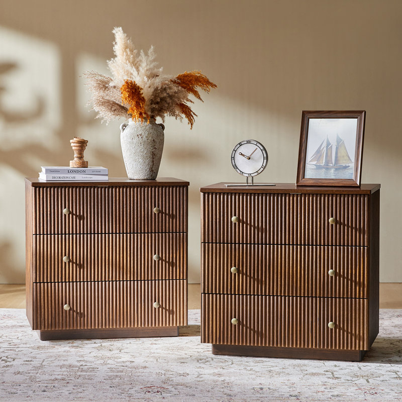 incomplete Kaybri 26''W Modern 3-Drawer Fully Assembled Fluted Nightstand with Solid Wood and Charging Station (Set of 2)