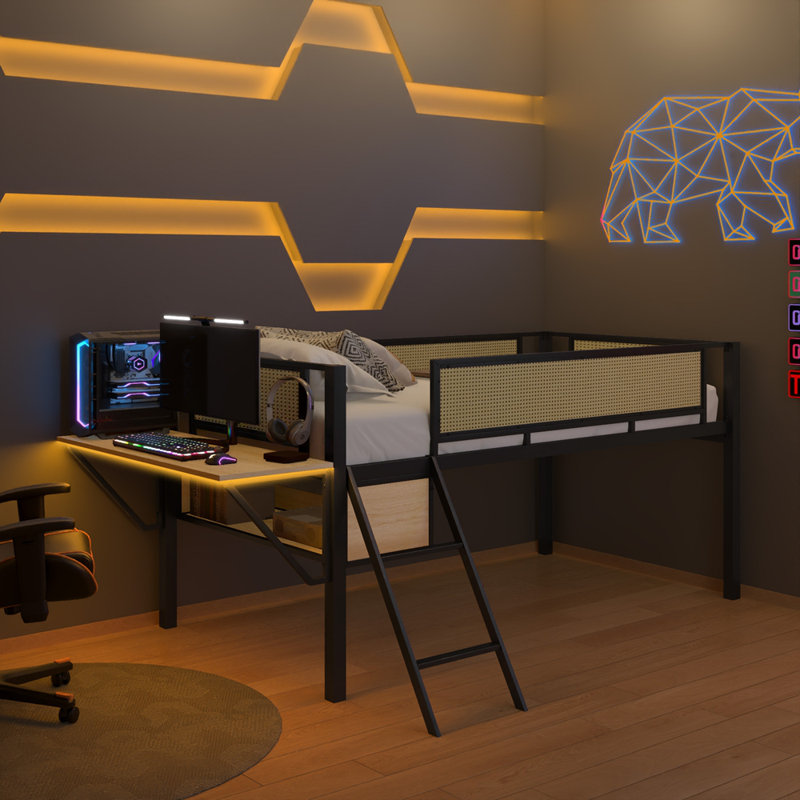 Single metal loft bed with rectangular desk, LED lights, LED loft bed frame double bed with storage shelves and hanging storage compartments, safety guard and ladder, no box springs required