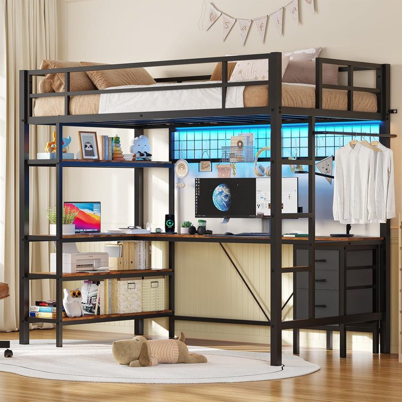 Loft Bed Twin Size with L-Shaped Desk, Charging Station and LED Lights, Twin Loft Bed with 4-Tier Bookshelf and 3 Drawers, Clothes Rail, Safety Guardrail&Ladder, No Box Spring Needed, Black
