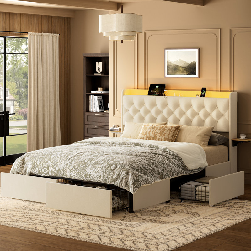 Upholstered Modern Bed with 4 Storage Drawers, Storage Bed Frame with LED light & Charging Station, Velvet Tufted Headboard, No Box Spring Needed