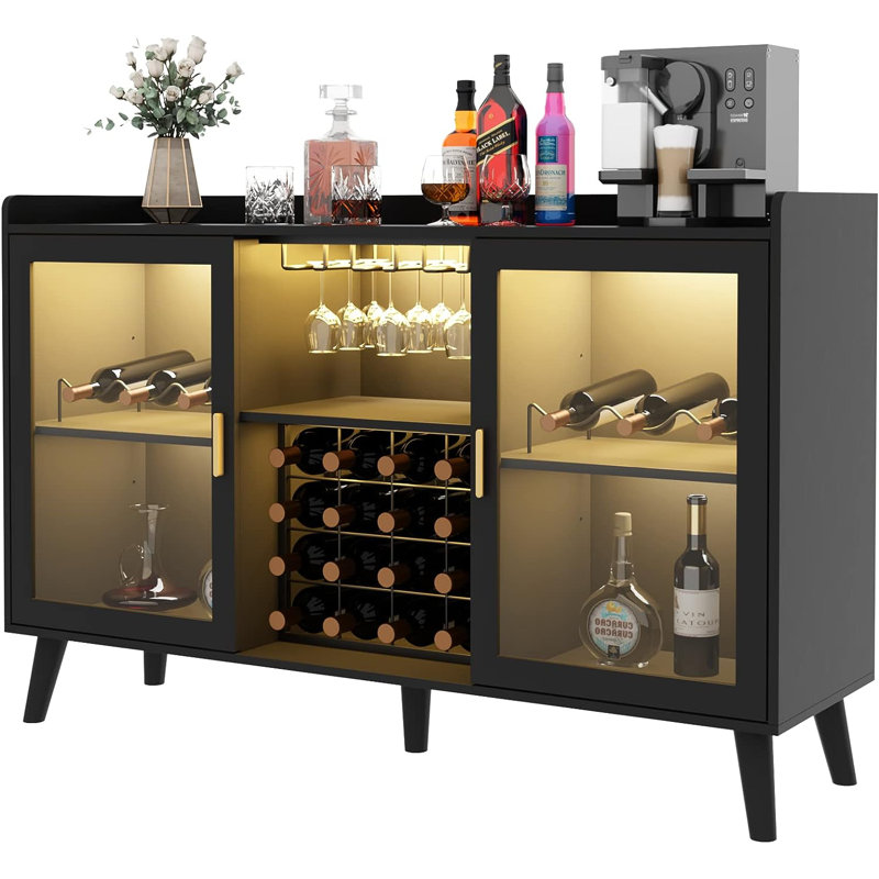 Ermo Wine Bar Cabinet with Led Light, Home Coffee Cabinet with Wine and Glass Rack
