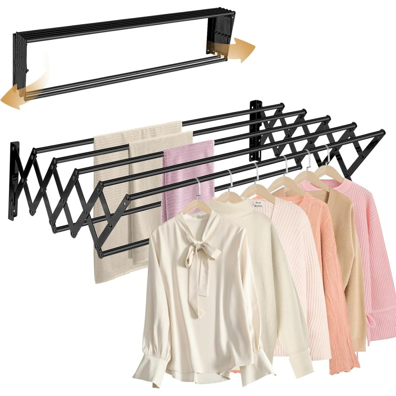 31.5'' Wall Mounted Clothes Drying Rack 130 lbs Large Capacity Rustproof Retractable Collapsible Drying Rack Easy Install with 7 Drying Rods Space Saving Towel Clothes Rack for Laundry-Black